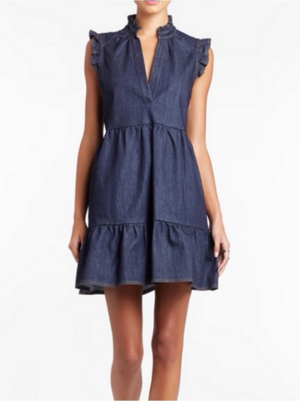 Amanda Uprichard Dark Blue Denim Alcott Sleeveless Tiered Babydoll Dress, Sz M